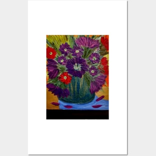 Red and purple carnations flowers in a blue and silver metallic vase. Posters and Art